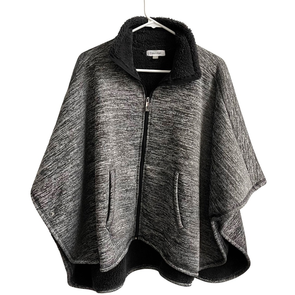Calvin Klein Poncho Wrap Womens OS Grey Marled Sherpa Lined Zip Front Pockets